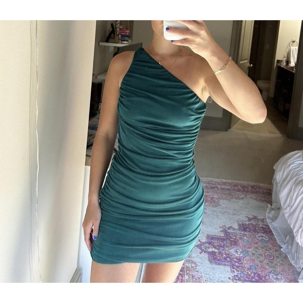 Lush Womens Dress Blue One Shoulder Ruched Bodycon Sleeveless Stretch Size L